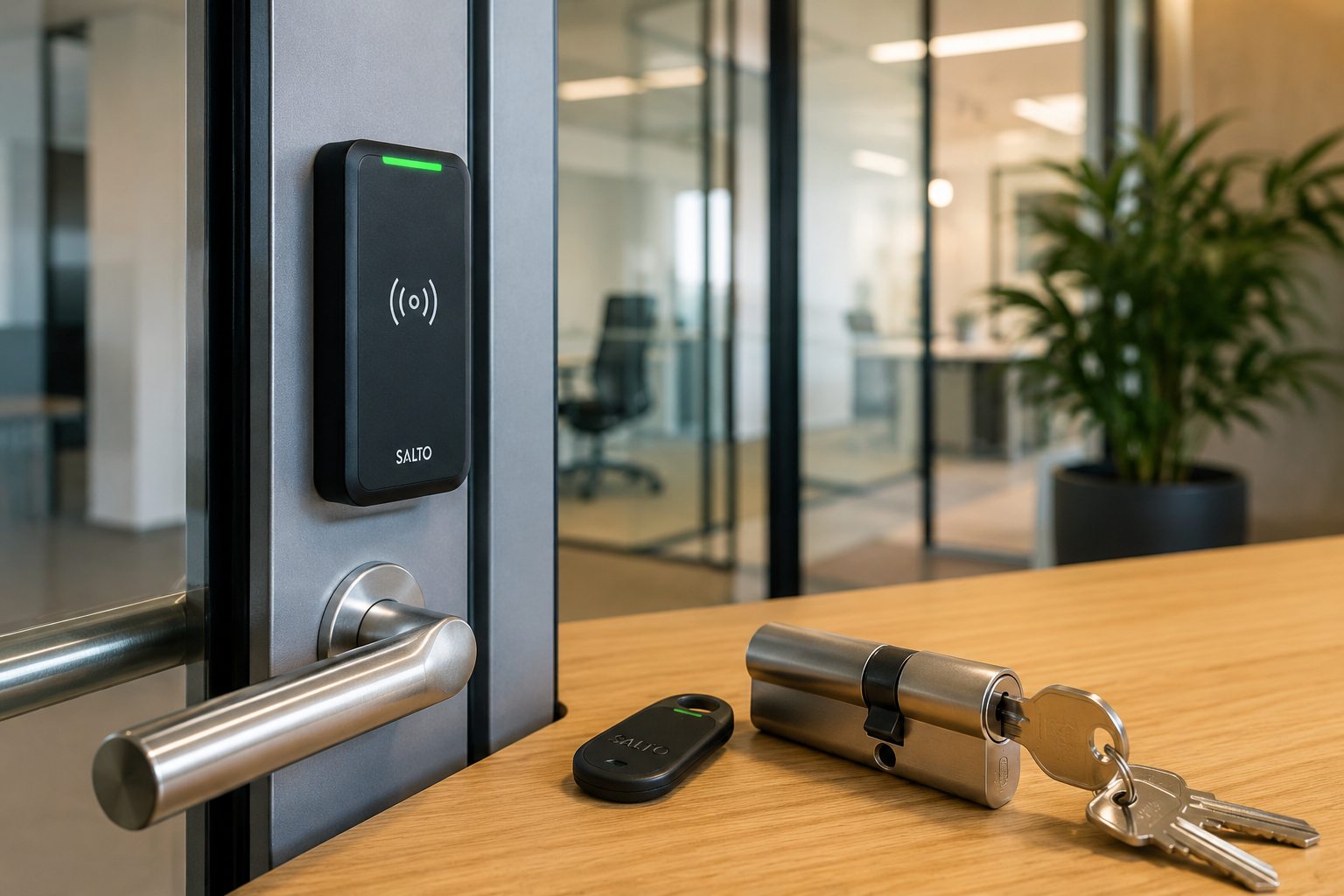 Elektronischer Türgriff mit Zutrittsleser an einer Glastür in einem modernen Büro. Auf einem Holztisch liegen ein Schließzylinder, ein Schlüsselbund und ein elektronischer Schlüsselanhänger.